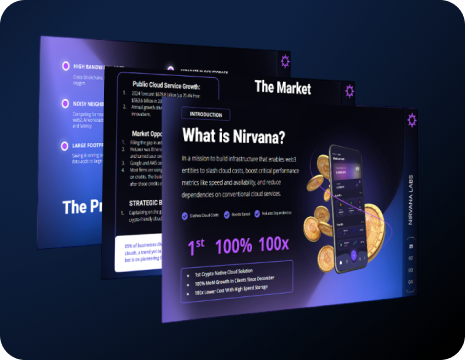 “Modern crypto or tech startup pitch deck slides with dark background and coin graphics”