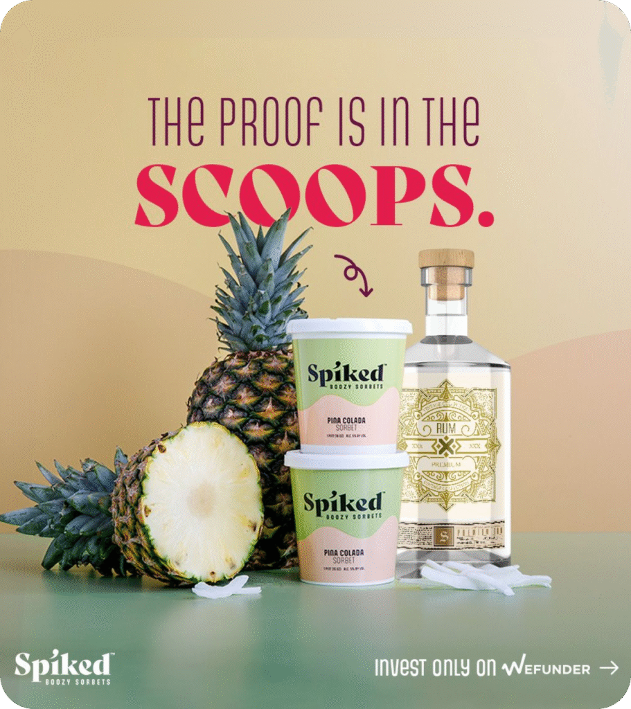 Spiked Boozy Sorbets containers with pineapple and rum bottle on table.
