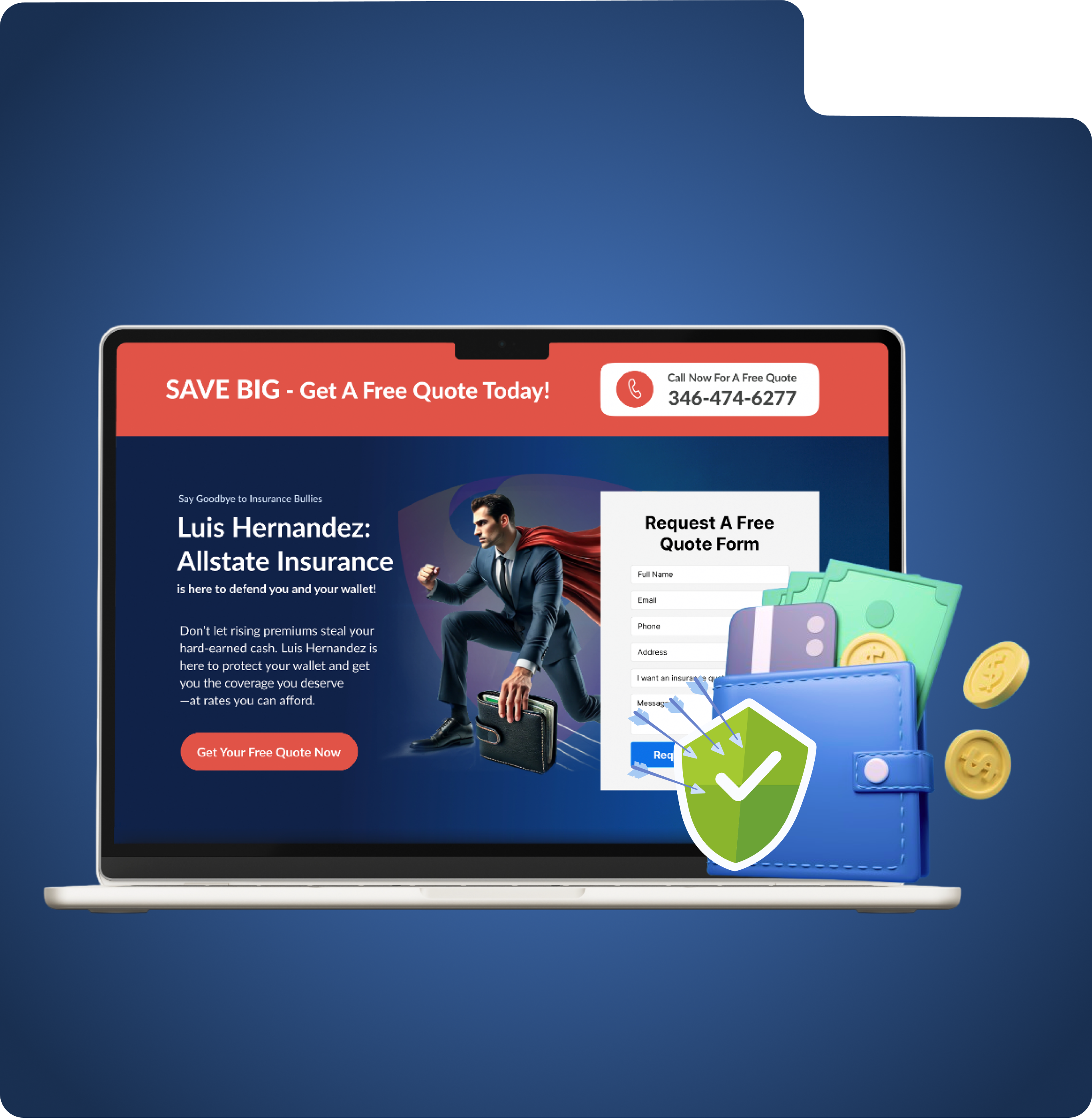 Insurance landing page for Luis Hernandez, Allstate Insurance agent, offering free quotes and affordable coverage with a superhero-themed design.