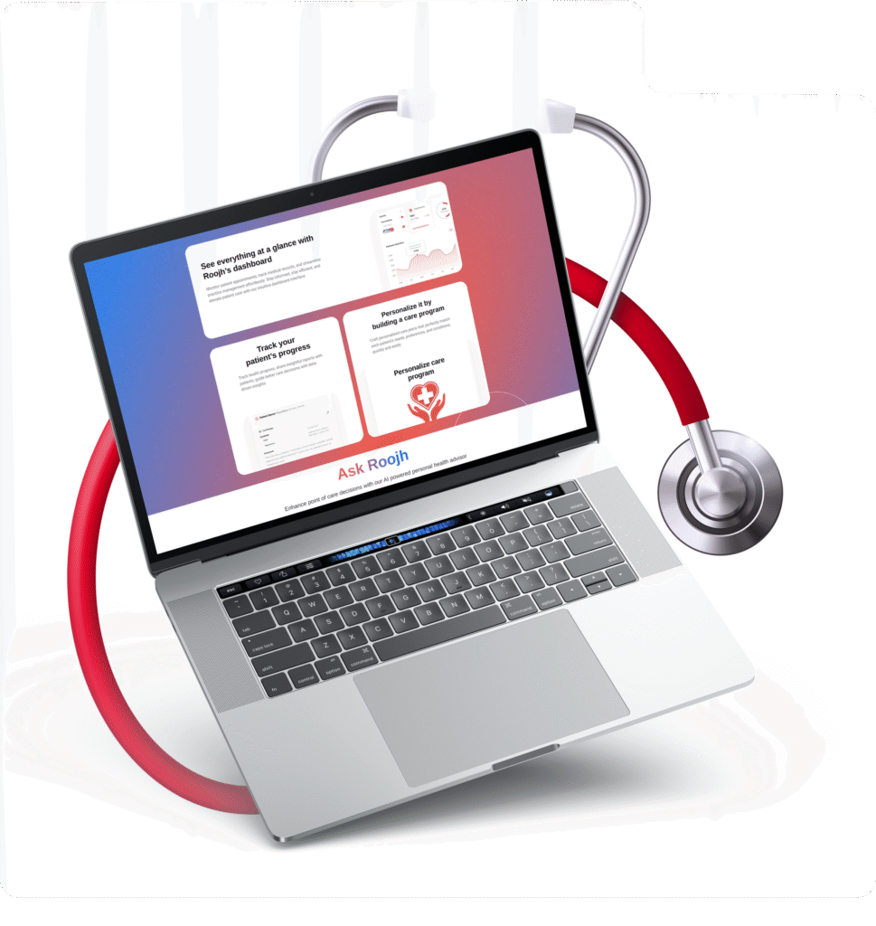 A silver laptop displaying the "Ask Roojh" medical dashboard interface. A red and silver stethoscope is wrapped around the laptop. The screen shows various data visualization and patient tracking features.