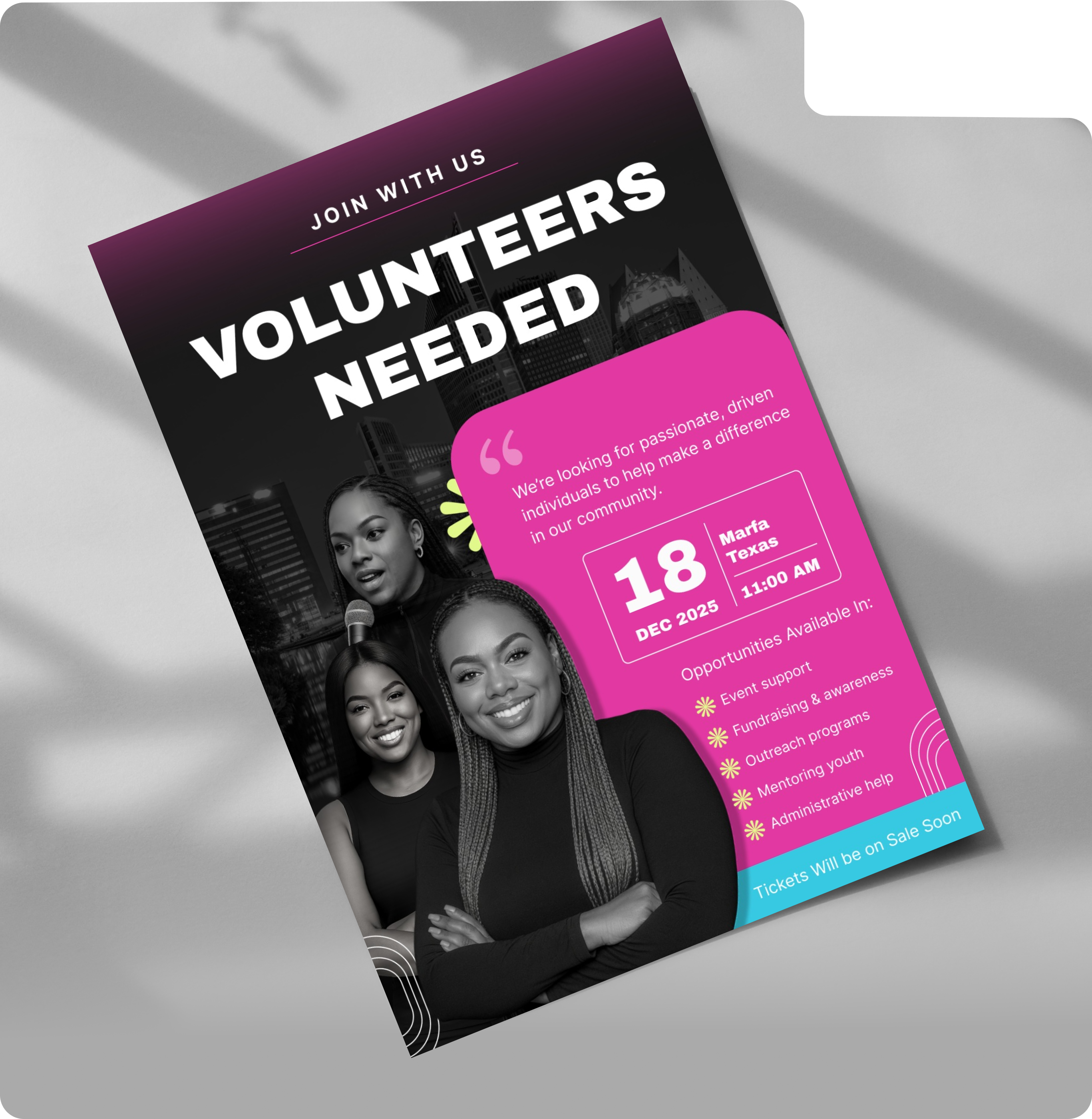 Volunteers Needed flyer – community event in Marfa, Texas on December 18, 2025, seeking passionate individuals for event support, fundraising, outreach, mentoring, and administrative roles.